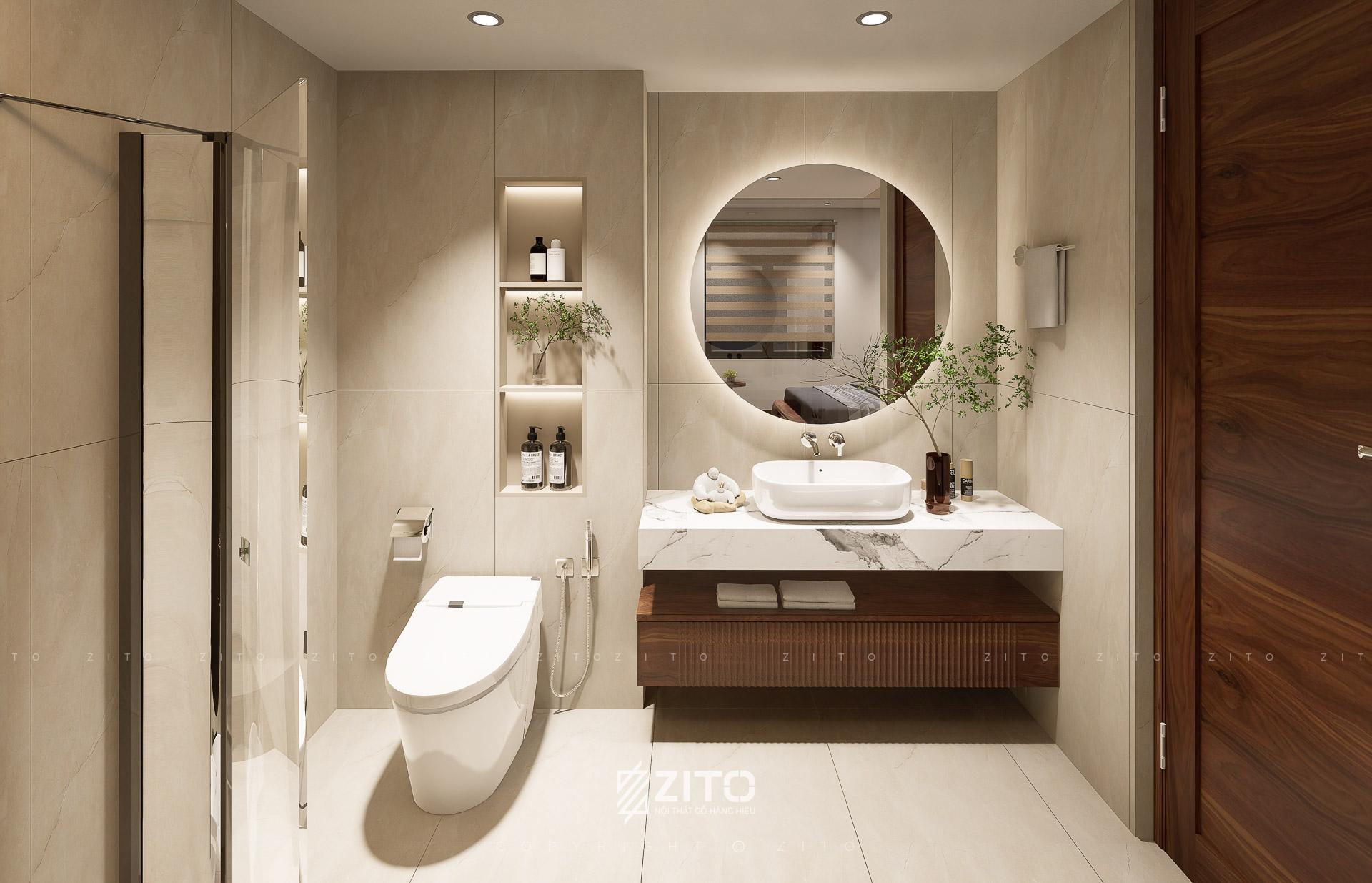 Khu vực tắm được tách biệt với bồn tắm đứng riêng và cabin tắm kính trong suốt, tạo cảm giác rộng rãi và sang trọng